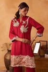 Neitri_Maroon Silk Embroidery Split V-neck Padmika Georgette Kurta And Pant Set _at_Aza_Fashions