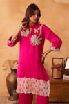Shop_Neitri_Fuchsia Silk, Georgette Embroidery Mandarin Collar, Kamalini Kurta And Pant Set _Online_at_Aza_Fashions