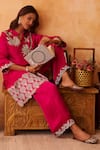 Buy_Neitri_Fuchsia Silk, Georgette Embroidery Mandarin Collar, Kamalini Kurta And Pant Set 