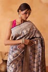 Shop_Neitri_Navy Brocade, Silk Zari Primrose Banarasi Floral And Geometric Saree _at_Aza_Fashions