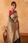 Shop_Neitri_Emerald Green Silk Zari Gardenia Banarasi Saree With Woven Border _at_Aza_Fashions