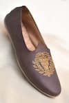 Shop_Around Always_Brown Taj Crest Embroidered Slip-on Juttis _at_Aza_Fashions