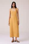 Buy_The Summer House_Mustard Linen Smocking Square Neck Glasswing Dress _Online_at_Aza_Fashions