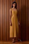 Buy_The Summer House_Mustard Linen Smocking Square Neck Glasswing Dress _at_Aza_Fashions