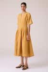 The Summer House_Mustard Linen V-neck Selene Dress _at_Aza_Fashions