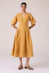 Buy_The Summer House_Mustard Linen V-neck Selene Dress _at_Aza_Fashions