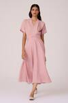 The Summer House_Pink Linen V-neck Miyake Rose Dress _Online_at_Aza_Fashions