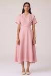 The Summer House_Pink Linen V-neck Miyake Rose Dress _at_Aza_Fashions