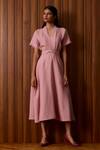 Buy_The Summer House_Pink Linen V-neck Miyake Rose Dress 