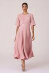 Buy_The Summer House_Pink Linen Embroidery Round Neck Astral Rose Dress _at_Aza_Fashions