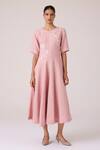 The Summer House_Pink Linen Embroidery Round Neck Astral Rose Dress _Online_at_Aza_Fashions
