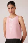 Buy_The Summer House_Pink Linen Embroidery Round Neck Evora Rose Top _Online_at_Aza_Fashions