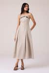 Buy_The Summer House_Beige Linen Embroidery Bandeau Neck Suhjan Dress _Online_at_Aza_Fashions