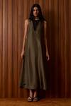 Buy_The Summer House_Olive Green Silk, Chanderi V-neck Velyra Dress _at_Aza_Fashions