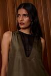 The Summer House_Olive Green Silk, Chanderi V-neck Velyra Dress _at_Aza_Fashions