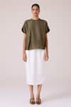 The Summer House_Olive Green Silk Round Neck Pam Top _Online_at_Aza_Fashions