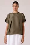 Buy_The Summer House_Olive Green Silk Round Neck Pam Top _Online_at_Aza_Fashions