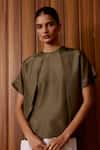Buy_The Summer House_Olive Green Silk Round Neck Pam Top _at_Aza_Fashions