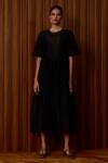 The Summer House_Black Chanderi Embroidery Round Neck Callisto Handwoven Dress _at_Aza_Fashions