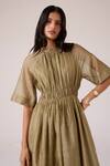The Summer House_Olive Green Chanderi Round Neck Arha Handwoven Dress _Online_at_Aza_Fashions