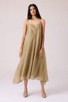 The Summer House_Olive Green Chanderi V-neck Jane Handwoven Dress _Online_at_Aza_Fashions