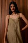 The Summer House_Olive Green Chanderi V-neck Jane Handwoven Dress _at_Aza_Fashions