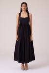 The Summer House_Black Cambric, Cotton Square Neck Erato Pleated Dress _Online_at_Aza_Fashions