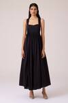 Buy_The Summer House_Black Cambric, Cotton Square Neck Erato Pleated Dress _at_Aza_Fashions