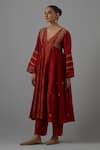 Priya Chaudhary_Red Chanderi Embroidery V-neck Anarkali, Pant And Dupatta Set _at_Aza_Fashions