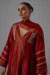Shop_Priya Chaudhary_Red Chanderi Embroidery V-neck Anarkali, Pant And Dupatta Set 