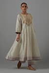 Shop_Priya Chaudhary_White Chanderi Embroidery Split V-neck Anarkali Set _at_Aza_Fashions
