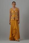 Buy_Priya Chaudhary_Yellow Crepe Embroidery, Sequins V-neck Top And Draped Skirt _Online_at_Aza_Fashions