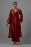 Buy_Priya Chaudhary_Red Chanderi Embroidery V-neck Anarkali And Pant Set _at_Aza_Fashions