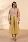Buy_Ourdve_Pink Cotton Embroidery Mandarin Collar Citrus Striped Dress With Belt _at_Aza_Fashions