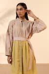 Buy_Ourdve_Pink Cotton Embroidery Mandarin Collar Citrus Striped Dress With Belt 