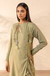 OurDve_Green Cotton Embroidery, Tassels Keyhole Neck Honeydew Striped Kurta _Online_at_Aza_Fashions