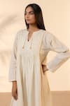 Buy_Ourdve_Beige Cotton Embroidery, Tassels Split V-neck Sunpetal Gathered Dress 
