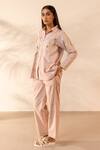 OurDve_Beige Cotton Embroidery Collared Apricot Floral Shirt And Pant Set _Online_at_Aza_Fashions