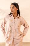 Shop_OurDve_Beige Cotton Embroidery Collared Apricot Floral Shirt And Pant Set _Online_at_Aza_Fashions