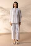 Buy_Ourdve_White Cotton Embroidery Mandarin Collar Drizzle Pintuck And Floral Top With Pant _at_Aza_Fashions