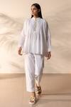 Ourdve_White Cotton Embroidery Mandarin Collar Drizzle Pintuck And Floral Top With Pant _at_Aza_Fashions