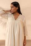 Ourdve_Off White Cotton Embroidery V-neck Ivoey Gathered Dress _Online_at_Aza_Fashions