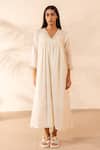 Buy_Ourdve_Off White Cotton Embroidery V-neck Ivoey Gathered Dress _Online_at_Aza_Fashions