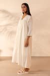 Shop_Ourdve_Off White Cotton Embroidery V-neck Ivoey Gathered Dress _Online_at_Aza_Fashions