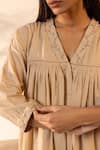 Buy_Ourdve_Beige Cotton Embroidery V-neck Gathered Dress _Online_at_Aza_Fashions