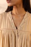 Buy_Ourdve_Beige Cotton Embroidery V-neck Gathered Dress 