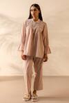 Buy_Ourdve_Pink Cotton Embroidery, Smocking Collared Zesty And Scallop Detail Top With Pant _at_Aza_Fashions