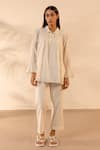 Ourdve_Beige Cotton Embroidery Collared Zesty Gathered Top And Pant Set _at_Aza_Fashions