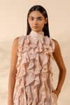 Shop_Ourdve_Pink Cotton Ruffles, Beads High Neck Sunny Side Sleeveless Dress _Online_at_Aza_Fashions