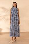 Buy_Ourdve_Blue Cotton Ruffles, Beads Halter Neck Sunny Side Midi Dress _at_Aza_Fashions